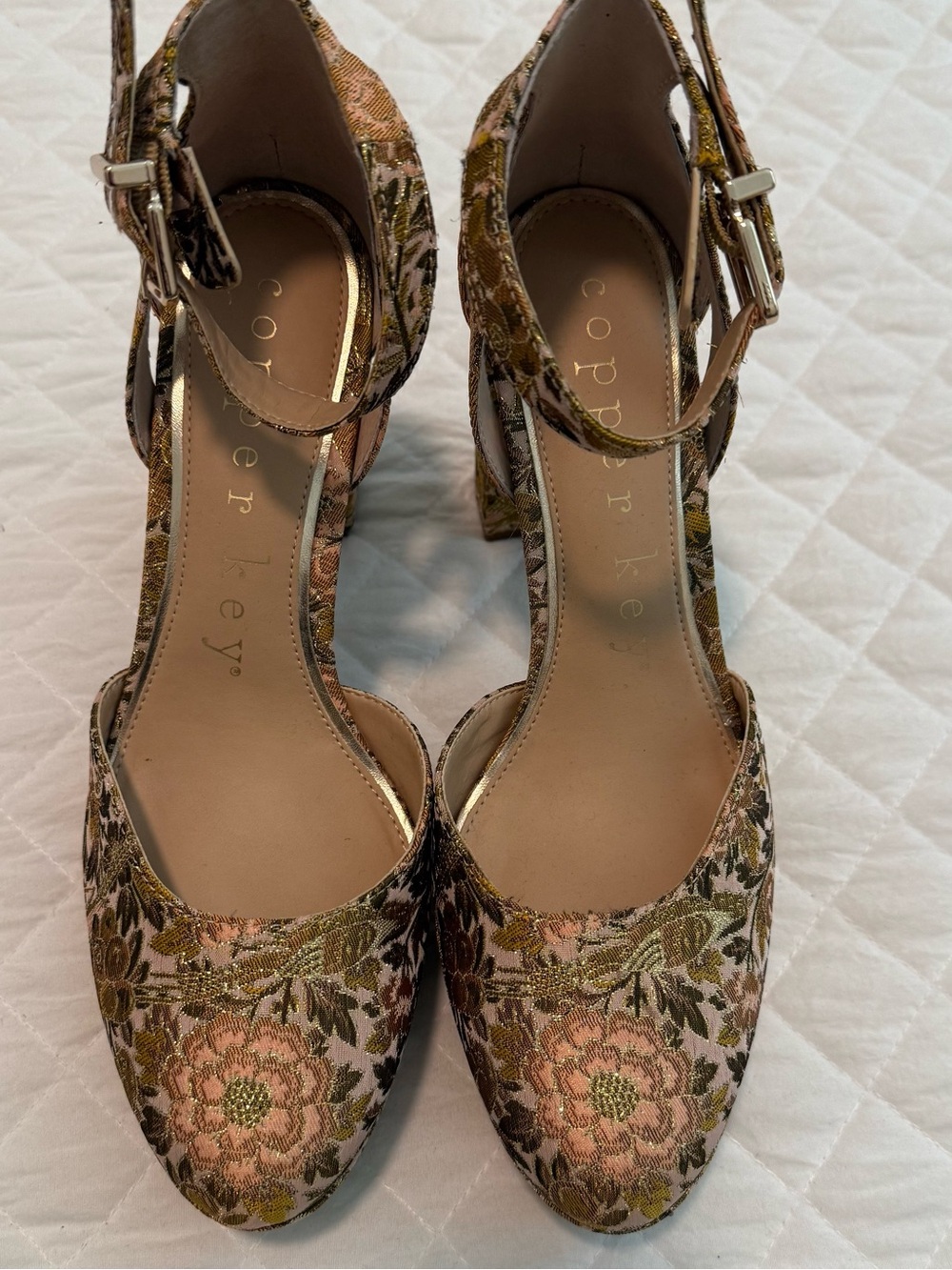 Copper Key Pink and Gold Floral Tapestry Ankle-Strap Block Heels size 8